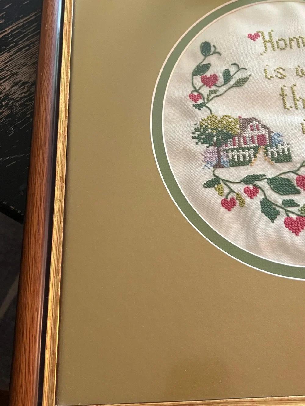 Framed Vintage Cross Stitched Home is Where the Heart Is Wall Art - Gold Brown